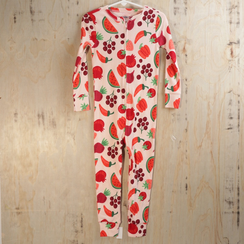 Old Navy Toddler Girls 3T Pink Fruit Veggie Print Zip Up Pajama Sleeper NWT